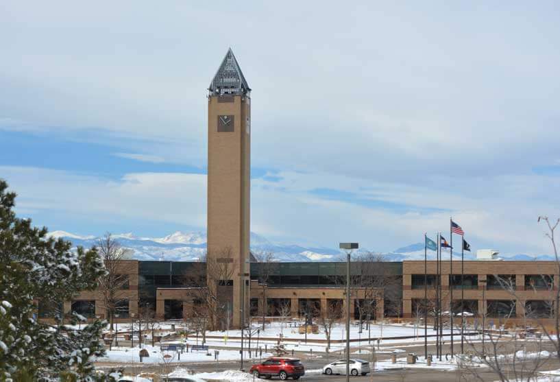 SLI - WESTMINSTER, CO, USA - Feb. 12, 2022: Westminster, Colorado City Hall on a snow covered day