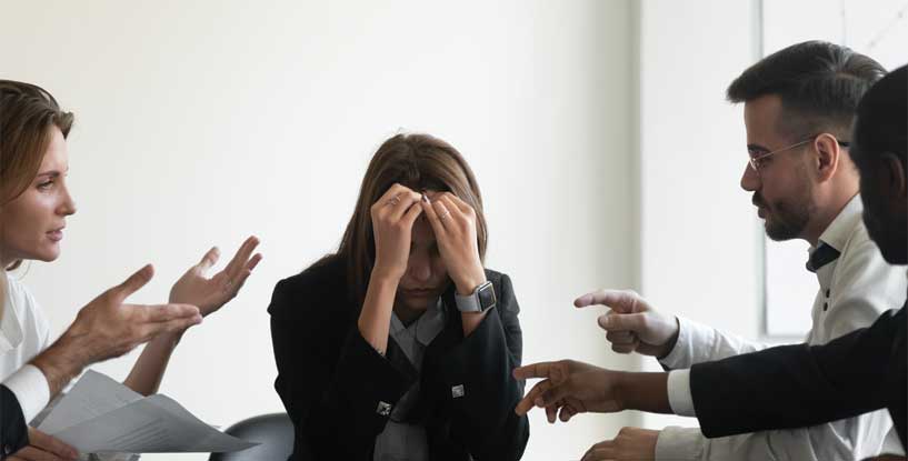 SLI - Stressed upset business woman suffer from bullying harassment at workplace